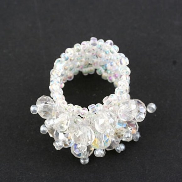 Clear White Aurora Borealis Faceted Crystal Seed Bead One Size Stretch Ring 7-10 - Picture 4 of 5